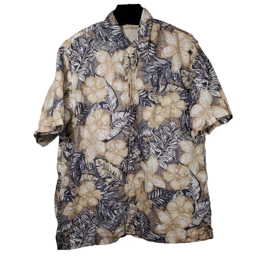 Caribbean Button Up Hawaiian Shirt Linen Hibiscus Floral Tropical Resort Golf